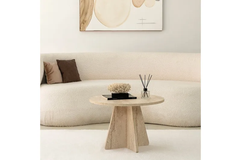 Munne Rundt Sofabord 60 cm i Sten med Korsformet Sokkel - Beige - Møbler - Borde - Sofabord
