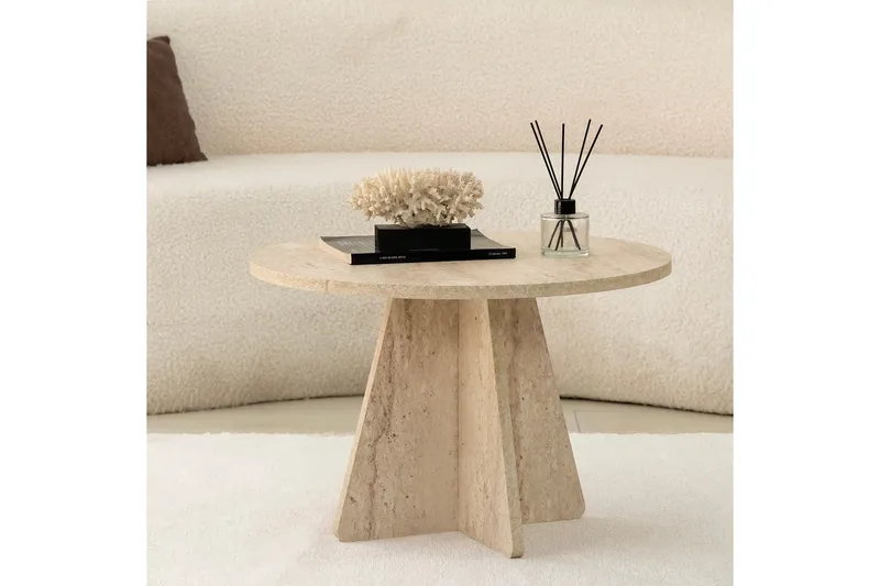 Munne Rundt Sofabord 60 cm i Sten med Korsformet Sokkel - Beige - Møbler - Borde - Sofabord