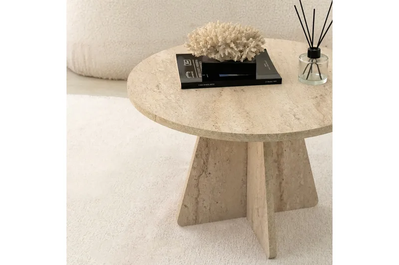Munne Rundt Sofabord 60 cm i Sten med Korsformet Sokkel - Beige - Møbler - Borde - Sofabord