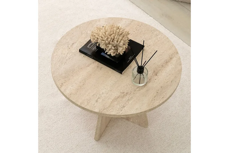 Munne Rundt Sofabord 60 cm i Sten med Korsformet Sokkel - Beige - Møbler - Borde - Sofabord