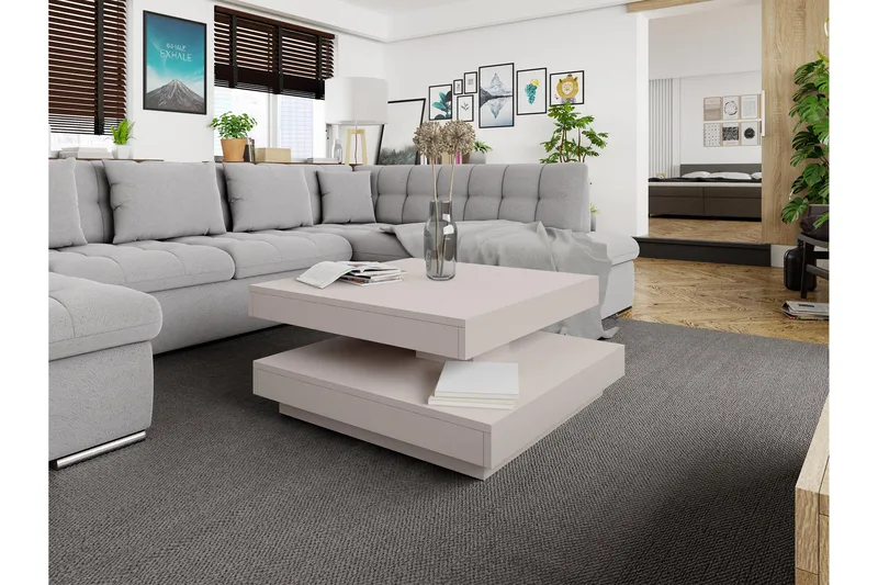 Nenani 70 cm Firkantet Sofabord med Drejelig Todelt Bordplade i Træ - Beige - Møbler - Borde - Sofabord