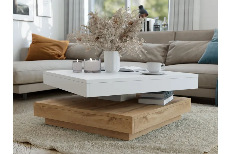 Nenani 70 cm Kvadratisk Sofabord med Drejelig Overdel i Træ - Hvid|Beige - Møbler - Borde - Sofabord
