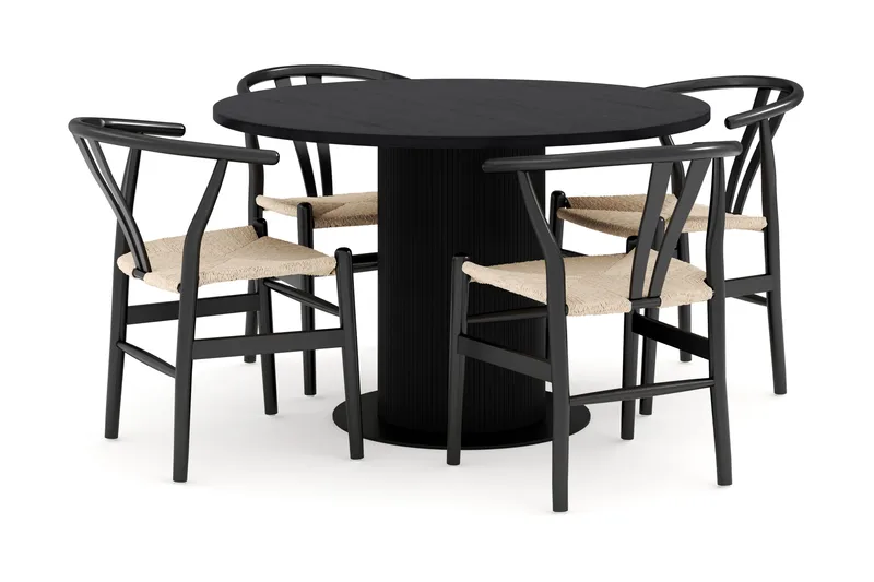 Noira Matgrupp 120 cm Ek Rund med 4 Dastoori Matstol, Sort