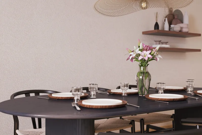 Noira Matgrupp 220 cm Ek med 6 Dastoori Matstol - Sort - Møbler - Borde - Spisebordssæt