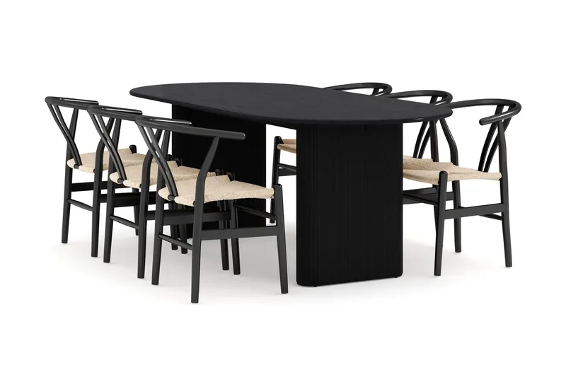 Noira Matgrupp 220 cm Ek med 6 Dastoori Matstol, Sort