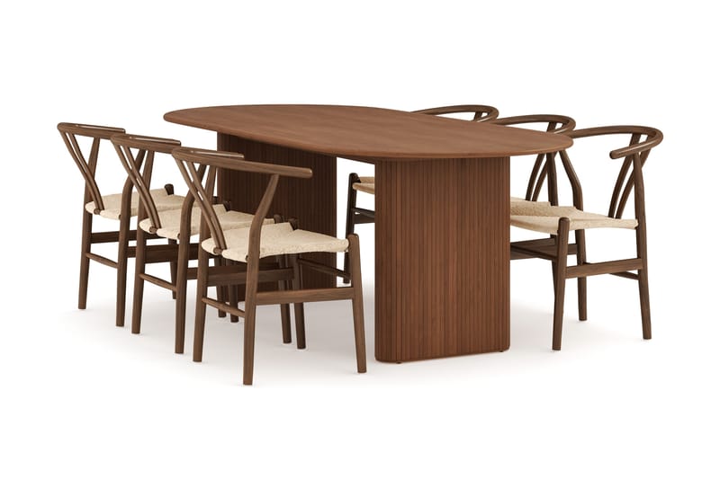 Noira Oval Matgrupp 220 cm Valnöt med 6 Dastoori Matstolar, Ribbet / Natur / Mørkebrun / Brunt Træ
