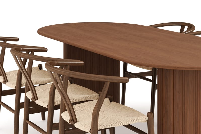 Noira Oval Matgrupp 220 cm Valnöt med 6 Dastoori Matstolar - Ribbet / Natur / Mørkebrun / Brunt Træ - Møbler - Borde - Spisebordssæt