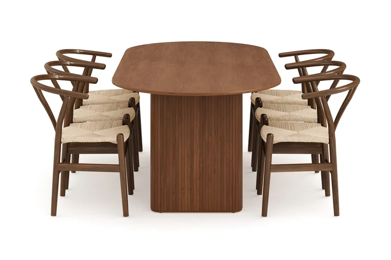 Noira Oval Matgrupp 220 cm Valnöt med 6 Dastoori Matstolar - Ribbet / Natur / Mørkebrun / Brunt Træ - Møbler - Borde - Spisebordssæt
