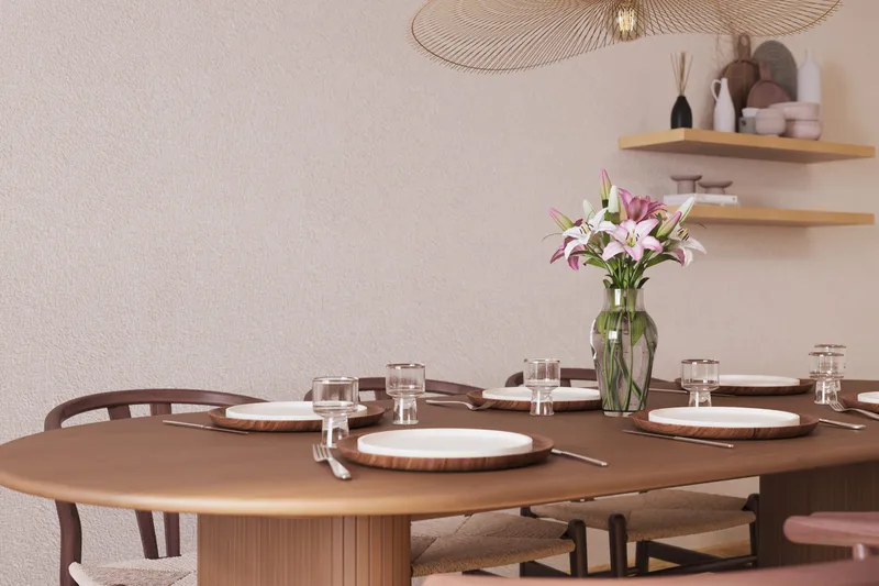 Noira Oval Matgrupp 220 cm Valnöt med 6 Dastoori Matstolar - Ribbet / Natur / Mørkebrun / Brunt Træ - Møbler - Borde - Spisebordssæt