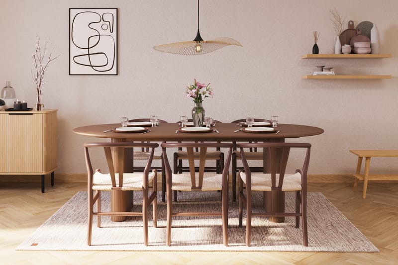 Noira Oval Matgrupp 220 cm Valnöt med 6 Dastoori Matstolar - Ribbet / Natur / Mørkebrun / Brunt Træ - Møbler - Borde - Spisebordssæt