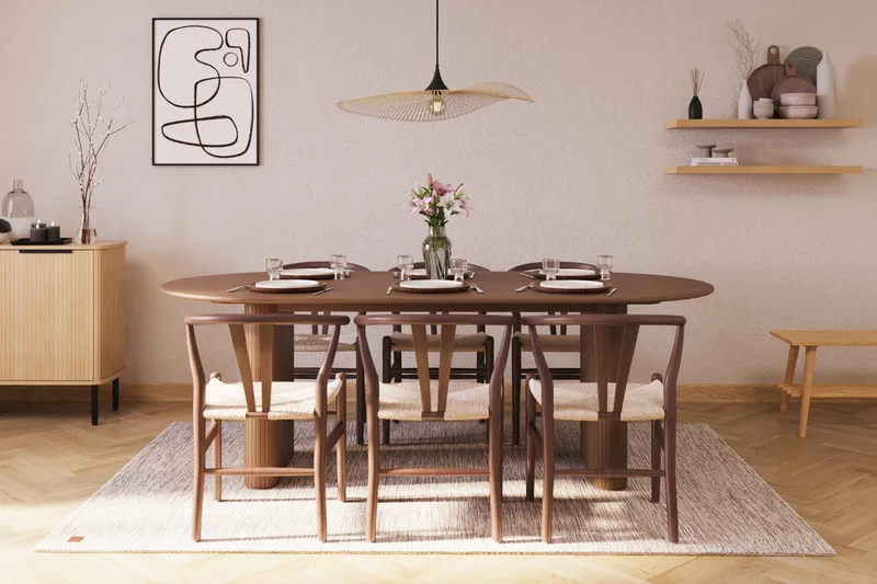 Noira Oval Matgrupp 220 cm Valnöt med 6 Dastoori Matstolar - Ribbet / Natur / Mørkebrun / Brunt Træ - Møbler - Borde - Spisebordssæt