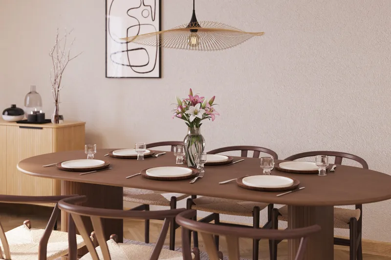 Noira Oval Matgrupp 220 cm Valnöt med 6 Dastoori Matstolar - Ribbet / Natur / Mørkebrun / Brunt Træ - Møbler - Borde - Spisebordssæt