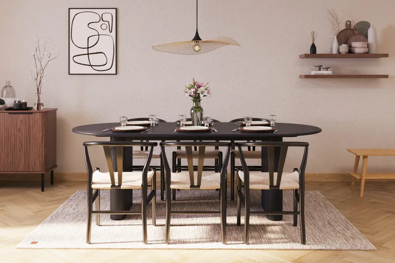 Noira Oval spisegruppe 220 cm i træ med 6 stole - sort - Møbler - Borde - Spisebordssæt