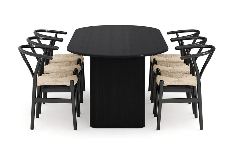 Noira Oval spisegruppe 220 cm i træ med 6 stole - sort - Møbler - Borde - Spisebordssæt