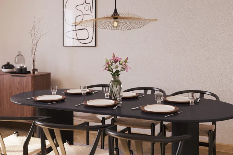 Noira Oval spisegruppe 220 cm i træ med 6 stole - sort - Møbler - Borde - Spisebordssæt