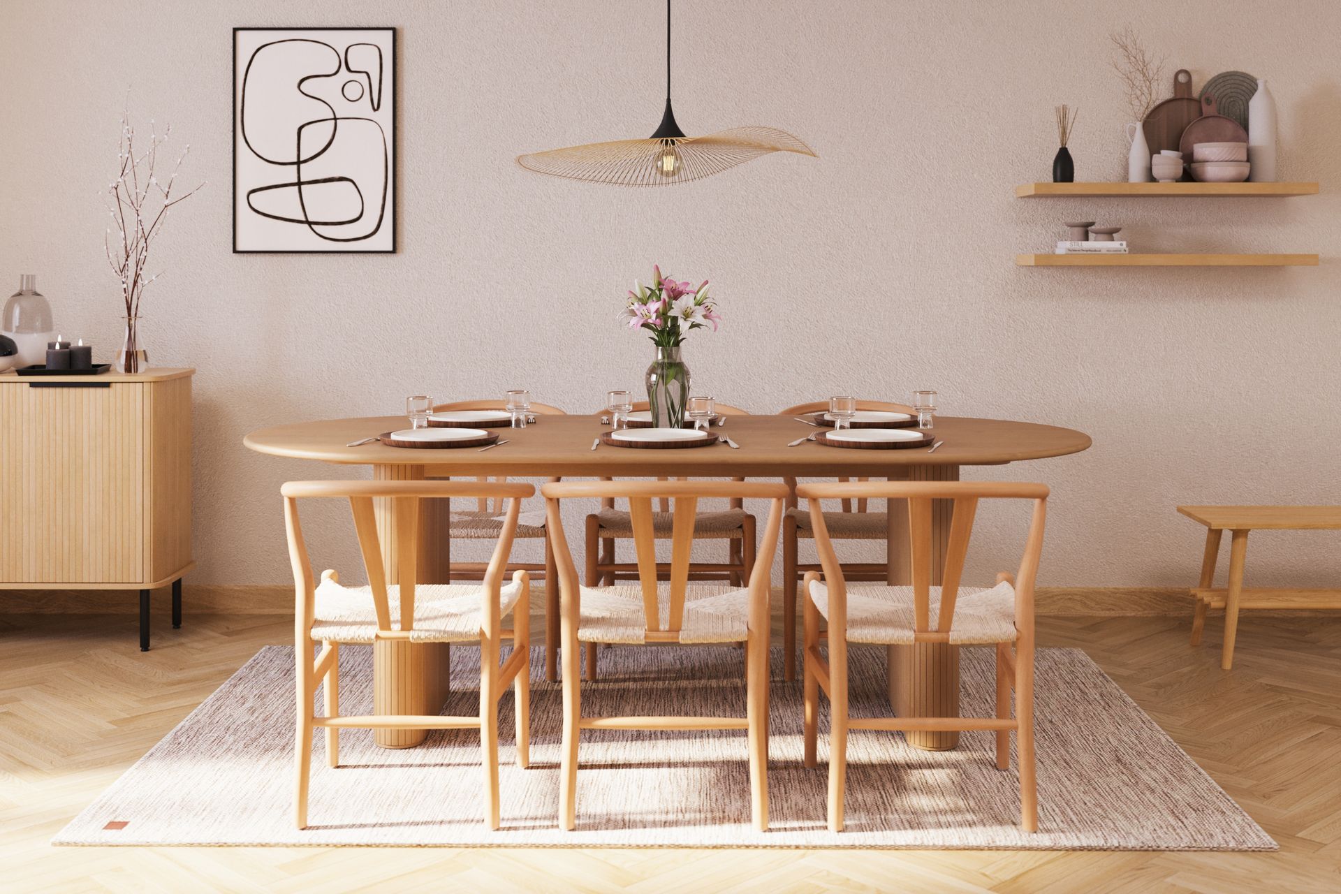 Noira Oval Spisegruppe 220 cm med 6 Dastoori Spisestole - Natur - Møbler - Borde - Spisebordssæt