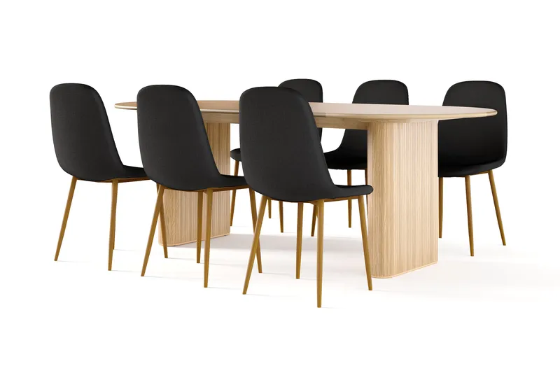 Noira Ovalt Matbord 220 cm EK +  6 st Nibe stol svart med ek ben, Natur/Sort
