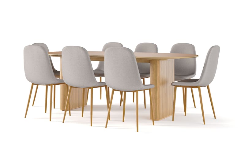 Noira Ovalt Matbord 220 cm EK +  8 st Nibe stol grå med ek ben, Natur/Grå