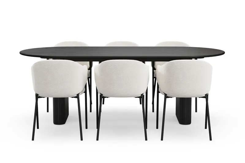 Noira Ovalt Matbord 220 cm med 6 Filip Matstolar - Sort / Hvid Bouclé - Møbler - Borde - Spisebordssæt