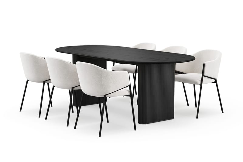 Noira Ovalt Matbord 220 cm med 6 Filip Matstolar, Sort / Hvid Bouclé