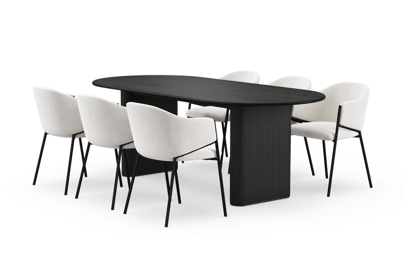 Noira Ovalt Matbord 220 cm med 6 Filip Matstolar, Sort / Hvid Bouclé
