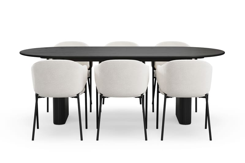 Noira Ovalt Matbord 220 cm med 6 Filip Matstolar - Sort / Hvid Bouclé - Møbler - Borde - Spisebordssæt