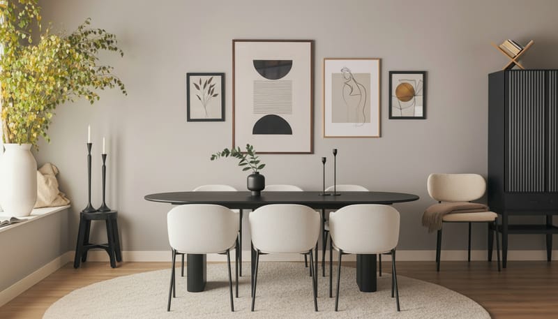 Noira Ovalt Matbord 220 cm med 6 Filip Matstolar - Sort / Hvid Bouclé - Møbler - Borde - Spisebordssæt