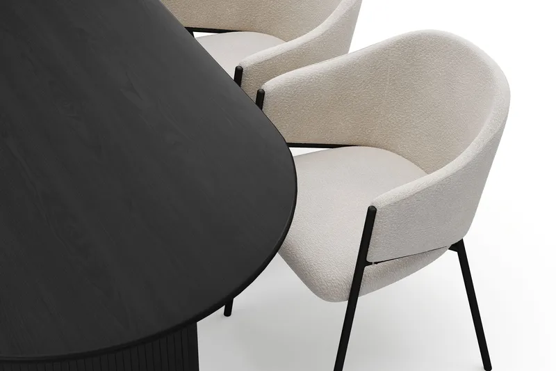 Noira Ovalt Matbord 220 cm med 6 Filip Matstolar - Sort / Hvid Bouclé - Møbler - Borde - Spisebordssæt