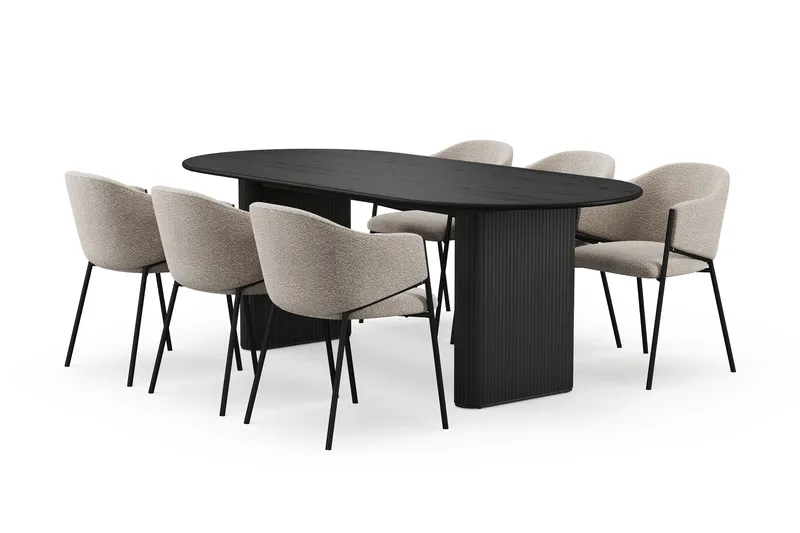 Noira Ovalt Matbord 220 cm med 6 Filip Matstolar, Sort / Taupe Bouclé