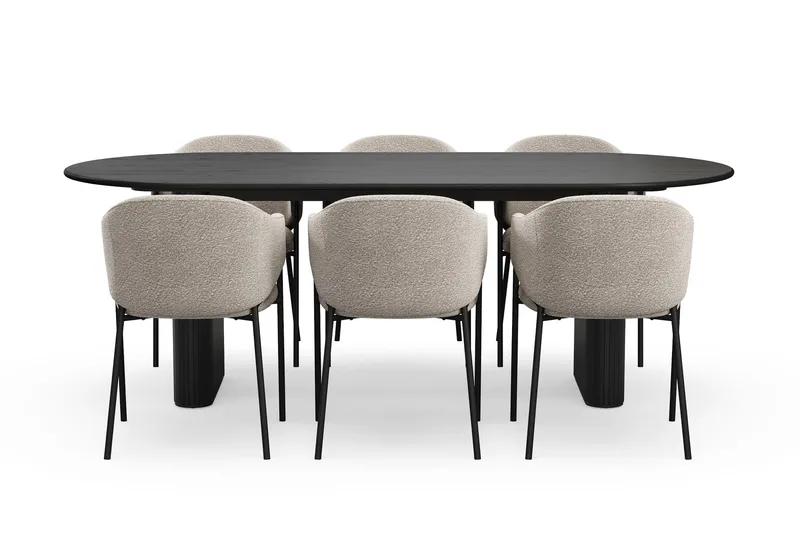 Noira Ovalt Matbord 220 cm med 6 Filip Matstolar - Sort / Taupe Bouclé - Møbler - Borde - Spisebordssæt