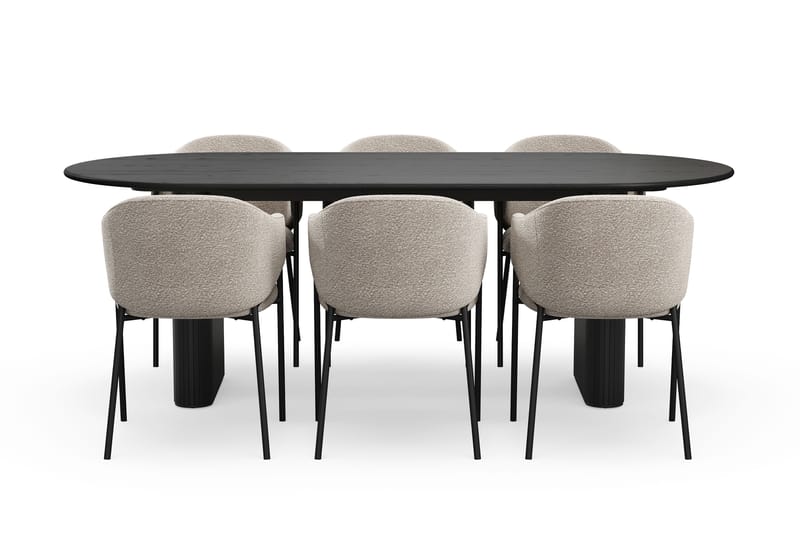 Noira Ovalt Matbord 220 cm med 6 Filip Matstolar - Sort / Taupe Bouclé - Møbler - Borde - Spisebordssæt