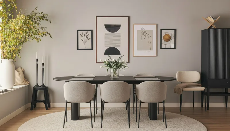 Noira Ovalt Matbord 220 cm med 6 Filip Matstolar - Sort / Taupe Bouclé - Møbler - Borde - Spisebordssæt