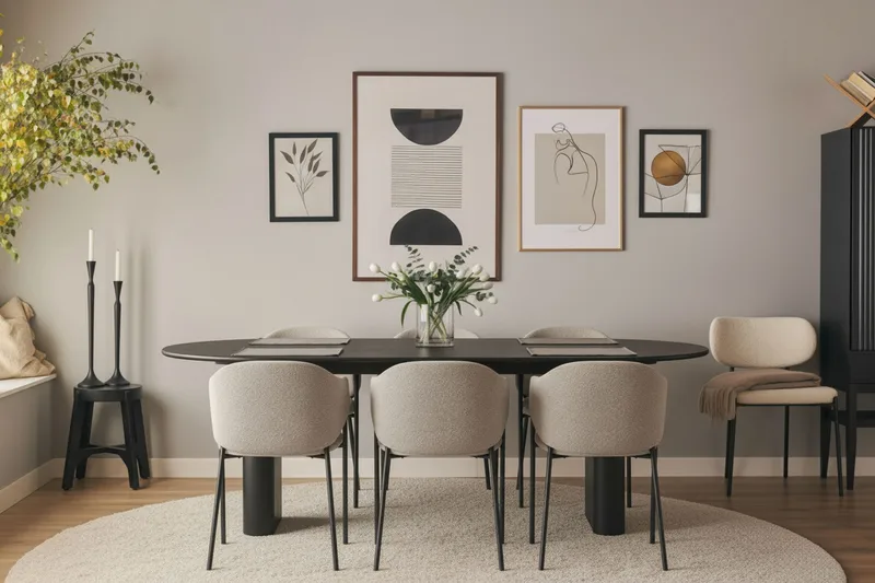 Noira Ovalt Matbord 220 cm med 6 Filip Matstolar - Sort / Taupe Bouclé - Møbler - Borde - Spisebordssæt