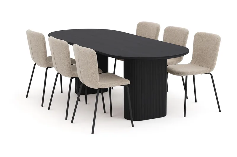 Noira Ovalt Matbord 220 cm med 6 Katy Matstolar, Sort / Greige Bouclé / Metalben Sort