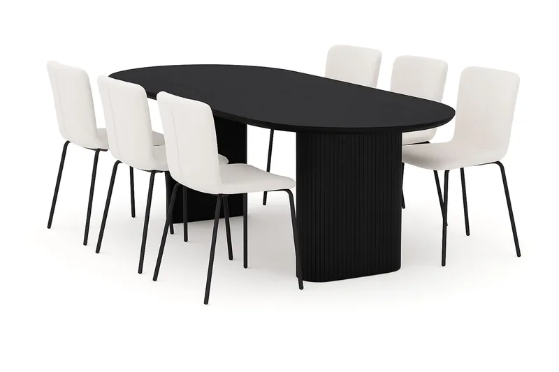 Noira Ovalt Matbord 220 cm med 6 Katy Matstolar, Sort / Hvid Bouclé / Metalben Sort