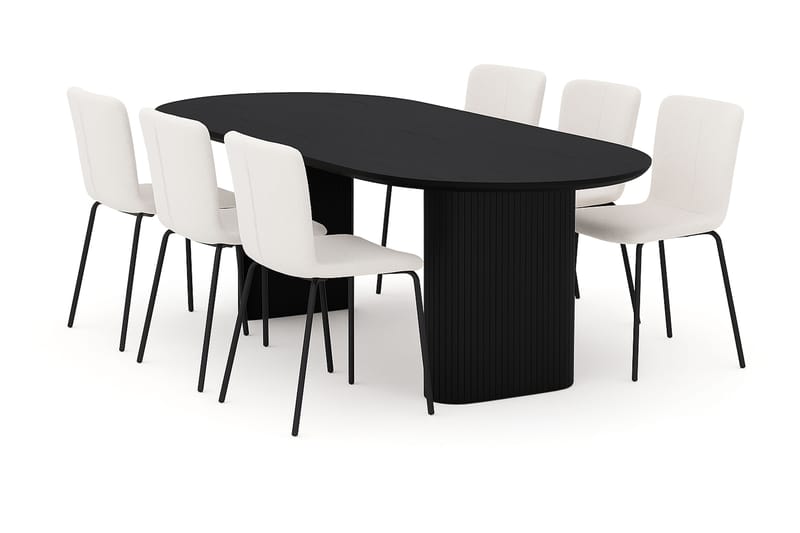 Noira Ovalt Matbord 220 cm med 6 Katy Matstolar, Sort / Hvid Bouclé / Metalben Sort