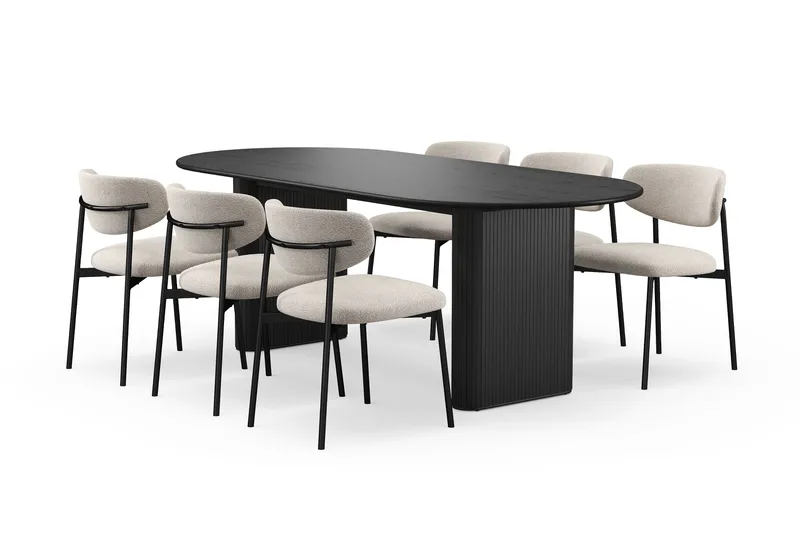 Noira Ovalt Matbord 220 cm med 6 Lucy Matstolar, Sort / Greige Bouclé / Metalben Sort