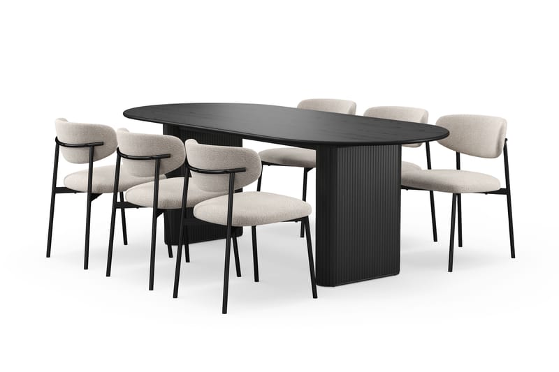 Noira Ovalt Matbord 220 cm med 6 Lucy Matstolar, Sort / Greige Bouclé / Metalben Sort