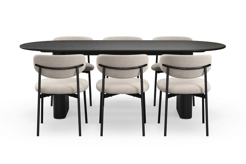 Noira Ovalt Matbord 220 cm med 6 Lucy Matstolar - Sort / Greige Bouclé / Metalben Sort - Møbler - Borde - Spisebordssæt