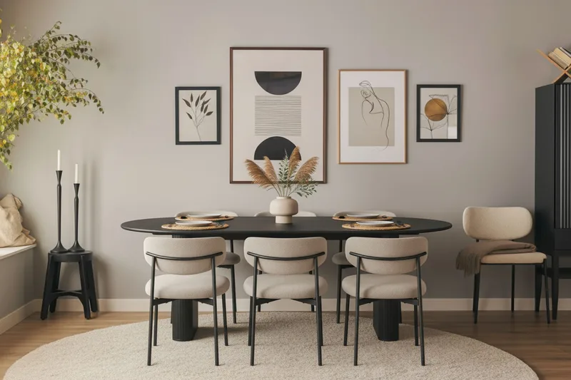 Noira Ovalt Matbord 220 cm med 6 Lucy Matstolar - Sort / Greige Bouclé / Metalben Sort - Møbler - Borde - Spisebordssæt