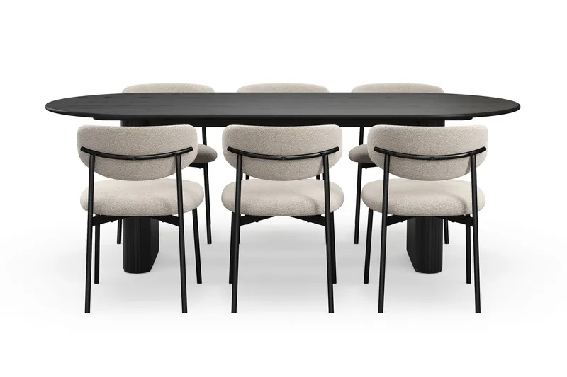 Noira Ovalt Matbord 220 cm med 6 Lucy Matstolar - Sort / Greige Bouclé / Metalben Sort - Møbler - Borde - Spisebordssæt