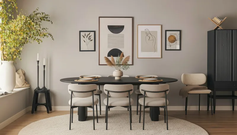 Noira Ovalt Matbord 220 cm med 6 Lucy Matstolar - Sort / Greige Bouclé / Metalben Sort - Møbler - Borde - Spisebordssæt