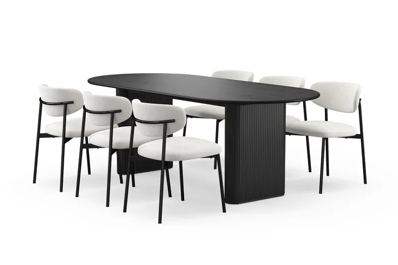 Noira Ovalt Matbord 220 cm med 6 Lucy Matstolar, Sort / Hvid Bouclé / Metalben Sort