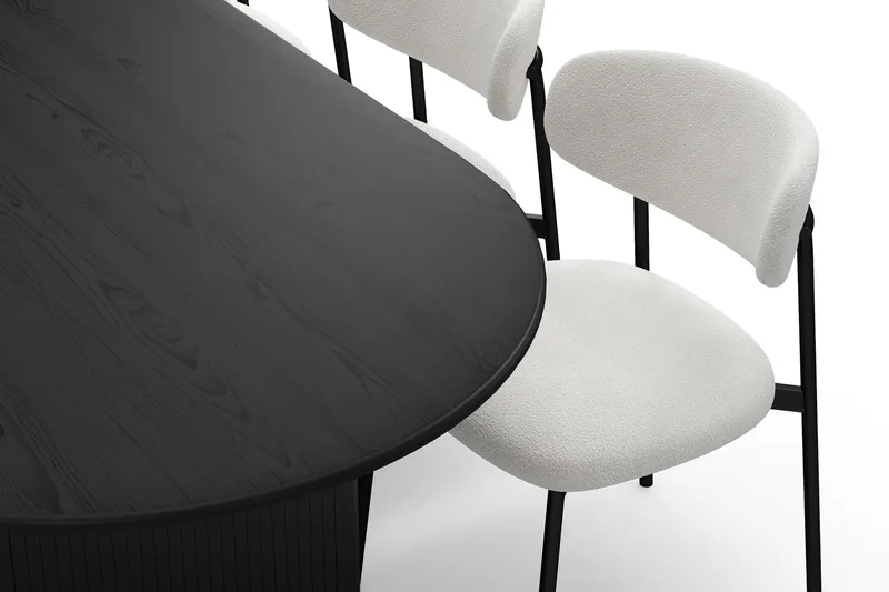 Noira Ovalt Matbord 220 cm med 6 Lucy Matstolar - Sort / Hvid Bouclé / Metalben Sort - Møbler - Borde - Spisebordssæt