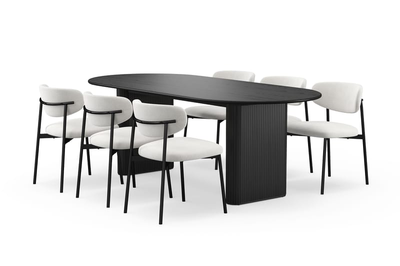 Noira Ovalt Matbord 220 cm med 6 Lucy Matstolar, Sort / Hvid Bouclé / Metalben Sort