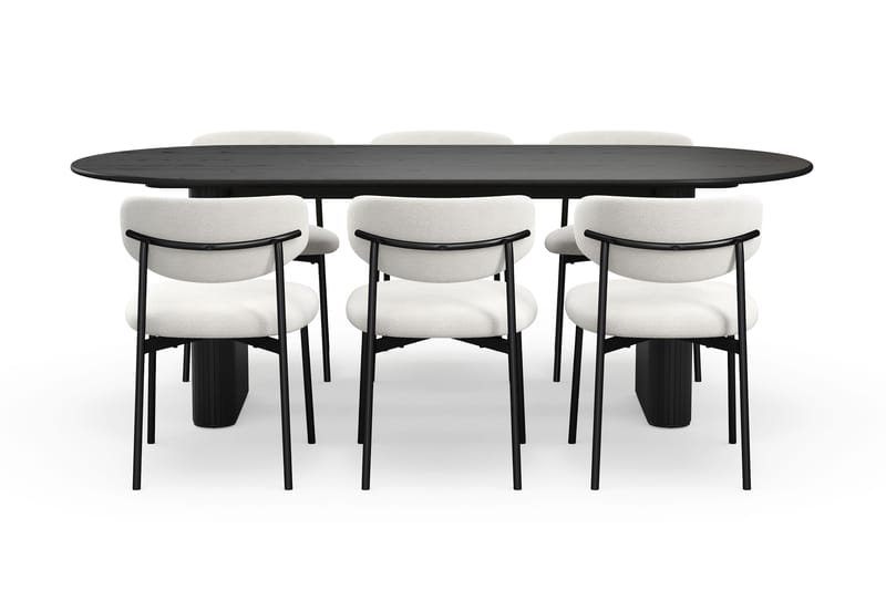 Noira Ovalt Matbord 220 cm med 6 Lucy Matstolar - Sort / Hvid Bouclé / Metalben Sort - Møbler - Borde - Spisebordssæt