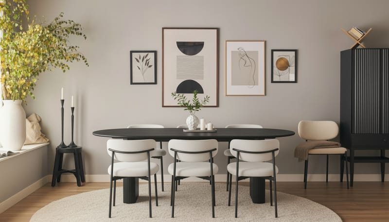 Noira Ovalt Matbord 220 cm med 6 Lucy Matstolar - Sort / Hvid Bouclé / Metalben Sort - Møbler - Borde - Spisebordssæt