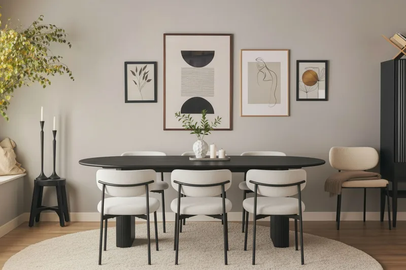 Noira Ovalt Matbord 220 cm med 6 Lucy Matstolar - Sort / Hvid Bouclé / Metalben Sort - Møbler - Borde - Spisebordssæt