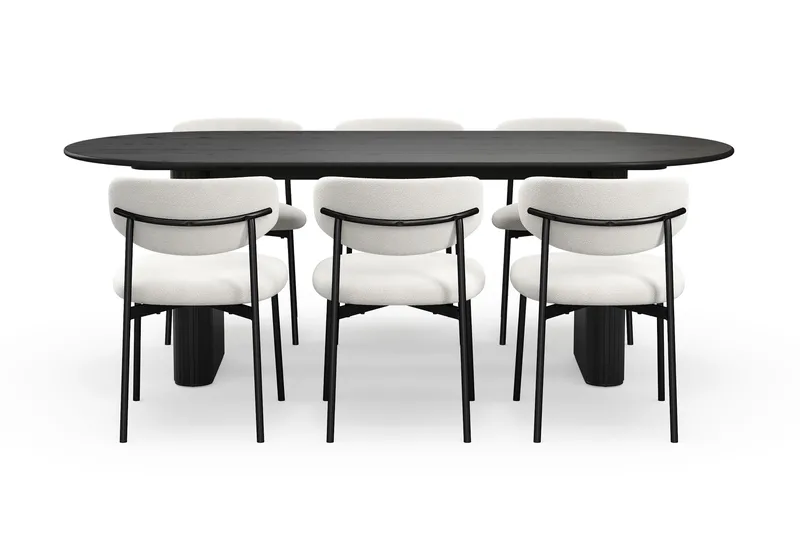 Noira Ovalt Matbord 220 cm med 6 Lucy Matstolar - Sort / Hvid Bouclé / Metalben Sort - Møbler - Borde - Spisebordssæt