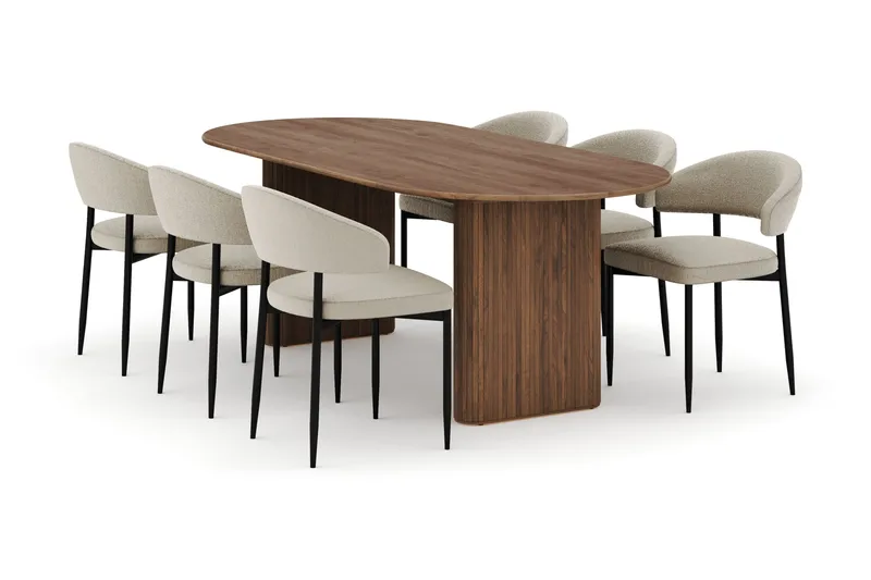 Noira Ovalt Matbord 220 cm med 6 Sawako Stolar, Brun